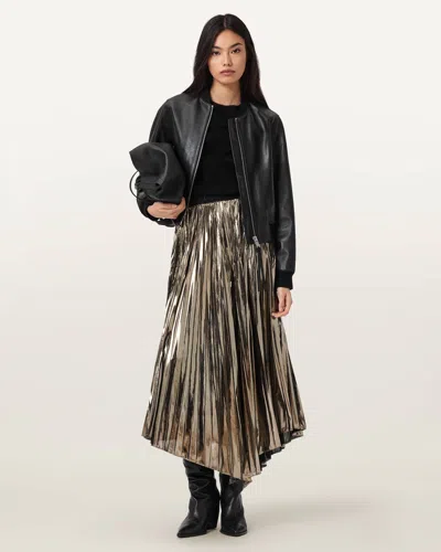 Allsaints Polyester Jax Pleated Midi Skirt In Gold