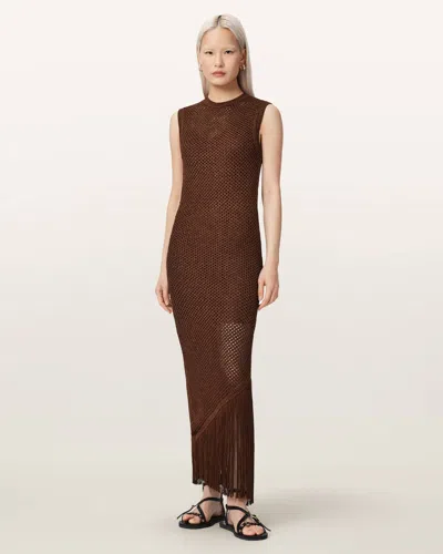 Allsaints Polyester Jessie Slim Fit Knitted Midi Dress In Brown