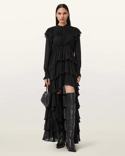 Allsaints Polyester Leila Frill Maxi Dress In Black