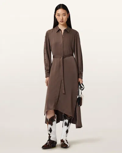 Allsaints Polyester Lexi Midi Dress In Brown