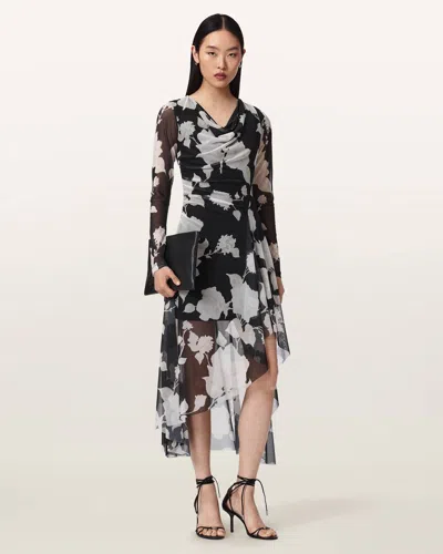 Allsaints Polyester Loria Draped Mesh Midi Dress In Black