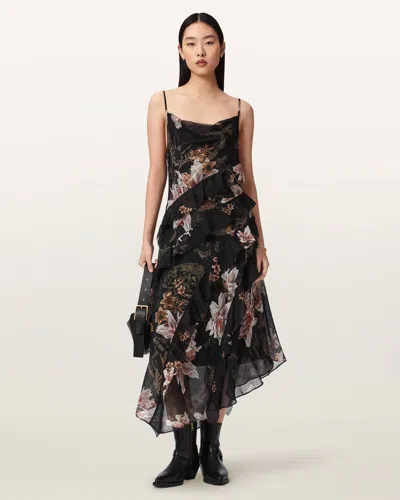 Allsaints Womens Crystal Black Ruth Floral-print Chiffon Midi Dress