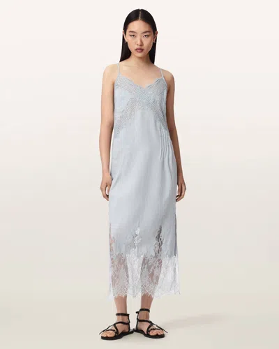 Allsaints Polyester Samia Linen Lace Midi Dress In Blue