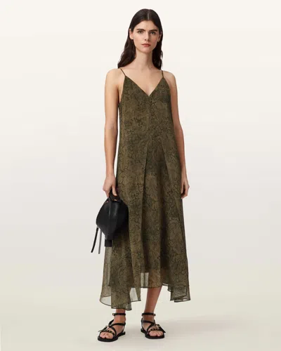 Allsaints Womens Sirius Gold Bl Vanda V-neck Graphic-print Woven Midi Dress In Green