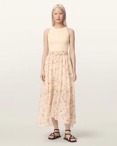 Allsaints Zenia Sleeveless Knit Woven Midi Dress In Neutral