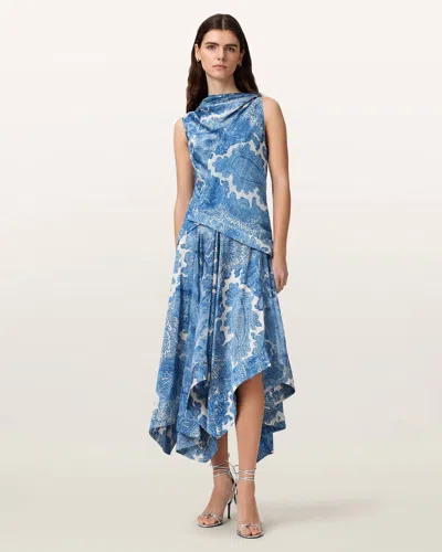 Allsaints Prue Draped Asymmetric Midi Dress In Blue