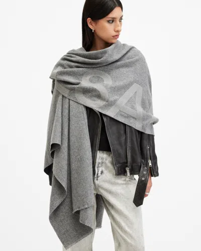 Allsaints Rae Logo Embroidered Wool Scarf In Grey/ultimate Grey
