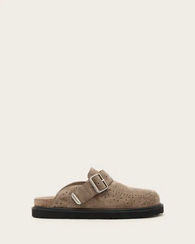 Allsaints Randal Suede Mules In Stone Grey