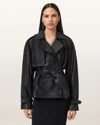 Allsaints Reed Cropped Leather Trench, In Black