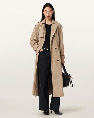 Allsaints Reed Suede Trench Coat In Brown