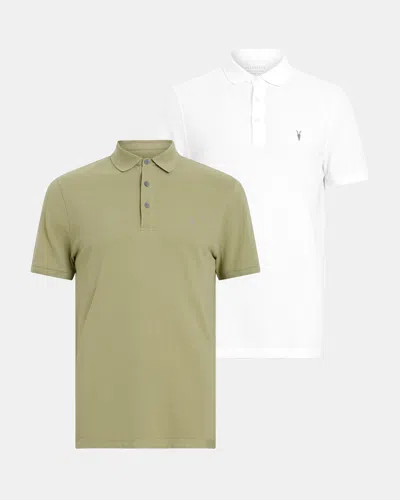 Allsaints Reform Short Sleeve Polo Shirts 2 Pack In Green/opt White