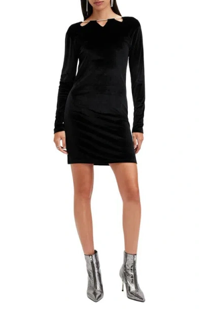 Allsaints Regina Bead Detail Long Sleeve Velvet Dress In Black