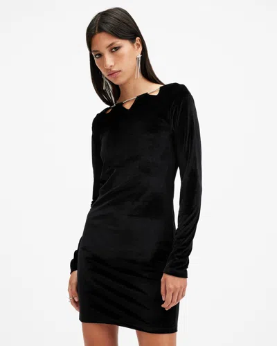 Allsaints Regina Velvet Sparkle Drawcord Mini Dress In Black