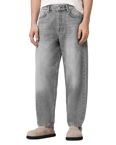 Allsaints Mens Washed Grey Curve Barrel-leg Jeans In Gray