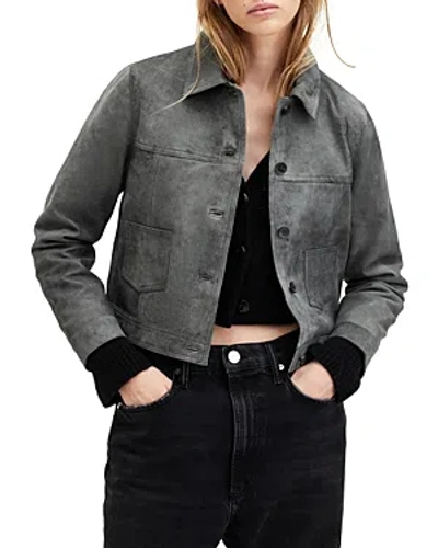 Allsaints Remy Leather Trucker Jacket In Gray