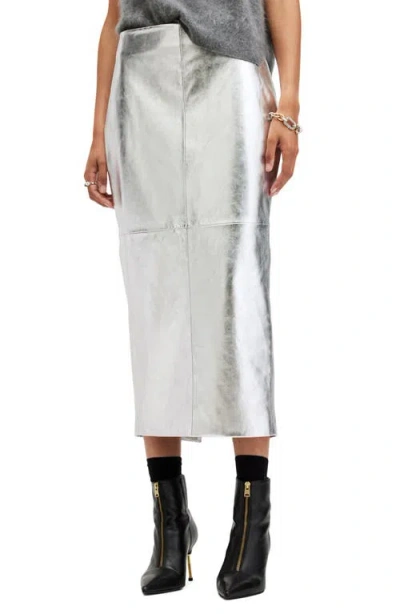 Allsaints Renai Metallic Leather Midi Skirt In Silver