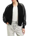 Allsaints Renata Leather Sleeve Wool Blend Bomber Cardigan In Black
