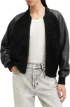 Allsaints Renata Leather Sleeve Wool Blend Bomber Cardigan In Black