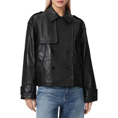 Allsaints Reya Crop Leather Trench Coat In Black