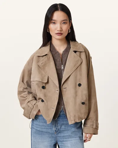 Allsaints Reya Cropped Suede Mac In Greige Brown