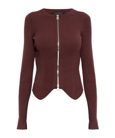 Allsaints Rib Zip Long Sleeve Knit In Burgundy