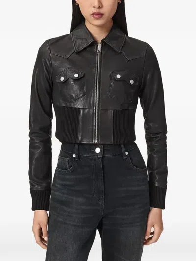 Allsaints Ribbed-knit Panelled Leather Jacket In Black