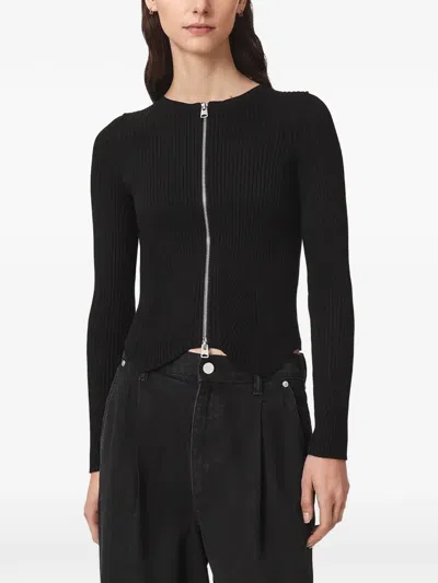 Allsaints Ribbed-knit Zip-up Cardigan In Black