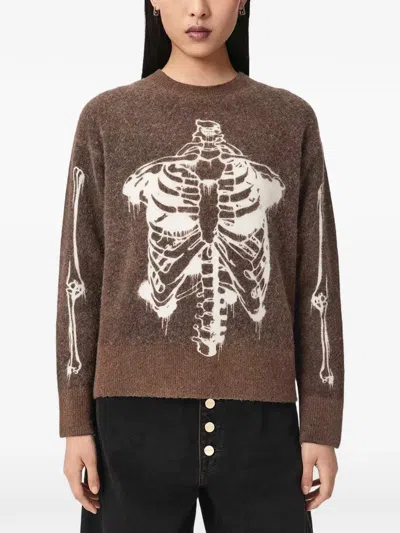 Allsaints Ribspill Skeleton-print Sweater In Brown