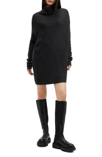 Allsaints Ridley Cowl Neck Long Sleeve Wool & Cashmere Sweater Dress In Cinder Black Marl