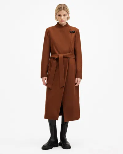 Allsaints Riley Wrap Around Belted Long Line Coat In Sugar Brown