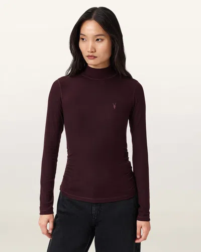 Allsaints Womens Oxblood Red Rina Roll-neck Long-sleeve Stretch-woven Top Xs In Burgundy
