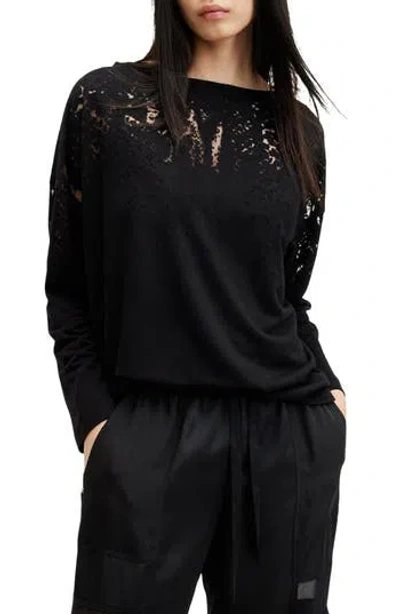 Allsaints Rita Lace Inset Long Sleeve T-shirt In Black