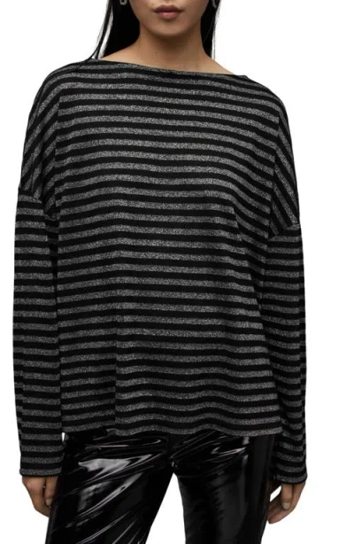 Allsaints Rita Stripe Long Sleeve Boat Neck T-shirt In Black Shimmer