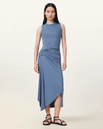 Allsaints Rivi Draped Sleeveless Midi Dress In Flint Stone Blue