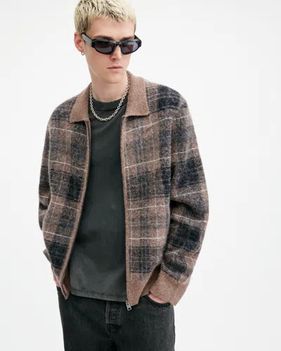 Allsaints Robbie Zip Up Brushed Checked Cardigan In Yew Brown