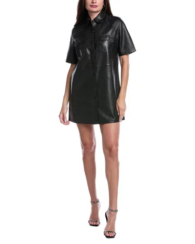 Allsaints Rock Short Sleeve Button Up Leather Mini Dress In Black