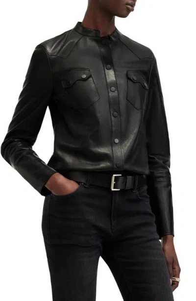 Allsaints Rock Western Leather Snap-up Shirt In Black