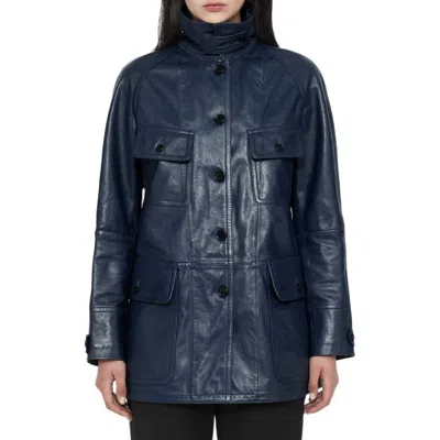 Allsaints Roiya Leather Jacket In Navy Blue