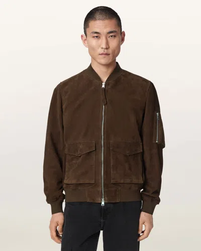 Allsaints Rokko Relaxed Suede Bomber Jacket In Brown