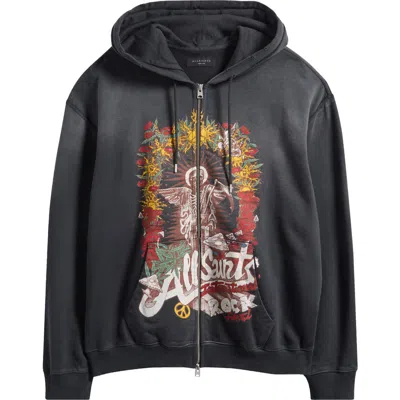 Allsaints Roque International Rock Festival Cotton Zip Hoodie In Black