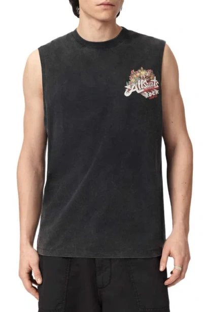 Allsaints Mens Washed Black Roque Graphic-print Sleeveless Cotton T-shirt