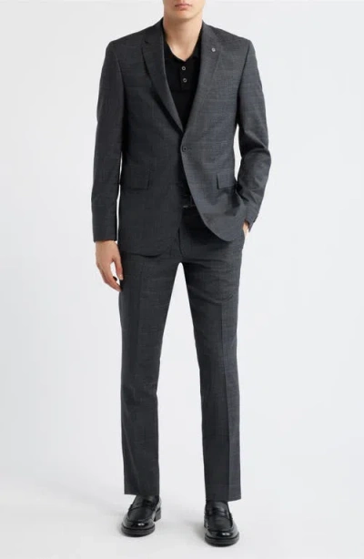 Allsaints Ross Slim Fit Grey Check Slub Cotton & Wool Blend Suit In Black