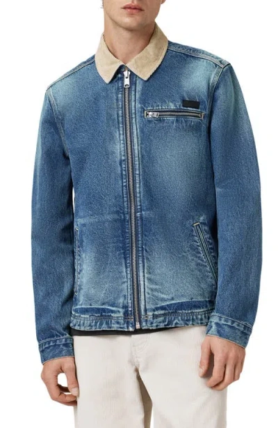 Allsaints Rothwell Zip Denim Jacket With Corduroy Collar In Blue
