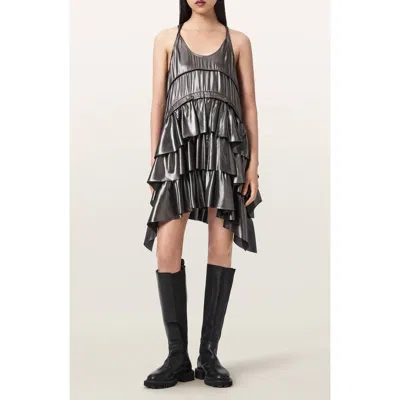 Allsaints Cavarly Metallic Mini Dress In Silver