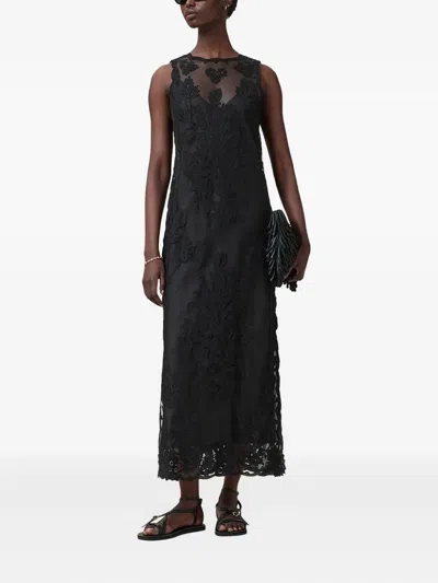 Allsaints Rye Floral-embroidered Maxi Dress In Black