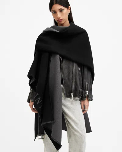 Allsaints Saints Border Logo Wool Ruana Scarf In Black/gunmetal