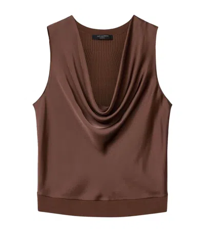 Allsaints Satin Cowl-neck Zoey Tank Top In Brown