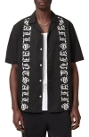 Allsaints Scripture Embroidered Short Sleeve Cotton Button-up Shirt In Black