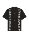 Allsaints Scripture Embroidered Short Sleeve Cotton Button-up Shirt In Black