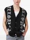 Allsaints Scripture Distressed Graphic Button-up Sweater Vest In Multi